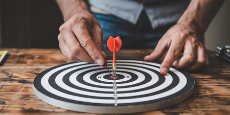 Close-up of a man's hand hitting a dartboard with a red dart.の素材