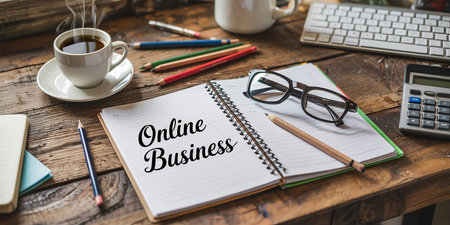 Online business text on notebook with coffee and pencil on wooden table.の素材