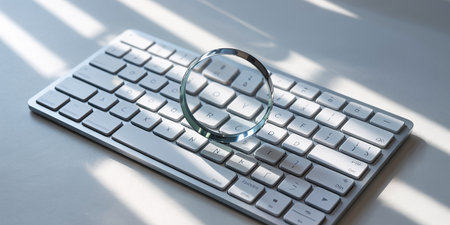 Magnifying glass on a computer keyboard. 3d render. Business conceptの素材