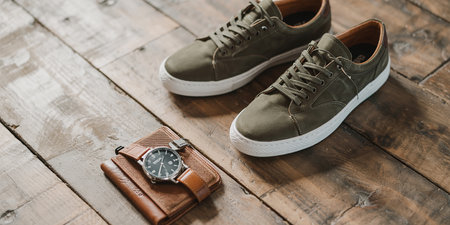 Men's shoes and watch on a wooden background. Vintage style.の素材