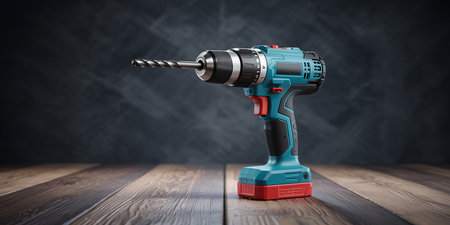 Cordless drill on wooden background. 3d illustration. Elements of this image furnished by NASAの素材