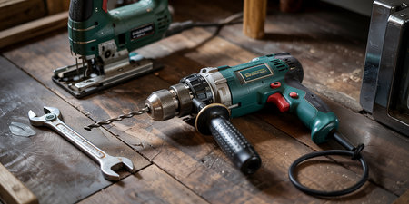 Electric drill and tools on a wooden table in a carpentry workshopの素材