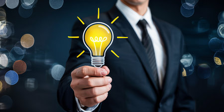 Businessman on blurred background touching light bulb with his finger 3D renderingの素材