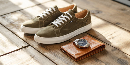 Sneakers, watch and wallet on the wooden floor, vintage toneの素材