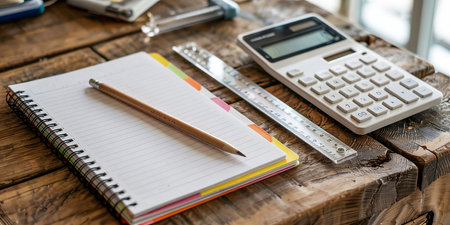 Pencil, calculator and notebook on wooden table. Business concept.の素材