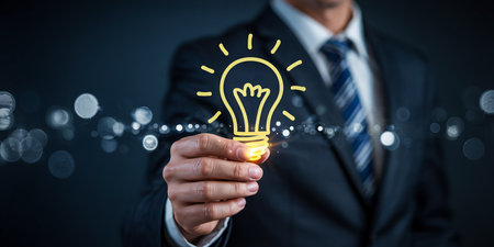 Businessman holding a glowing light bulb in front of him with his fingerの素材