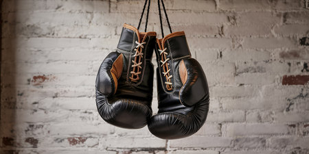 Pair of black leather boxing gloves hanging on a brick wall.の素材