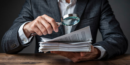 Businessman holding a magnifying glass over a pile of documents.の素材
