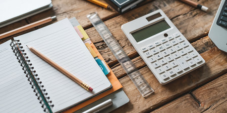 Close up of calculator, pen, notebook and pencil on wooden tableの素材