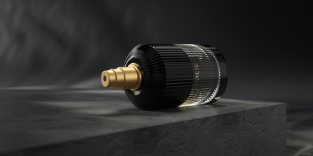 Close up of black perfume bottle on black background. 3d renderingの素材