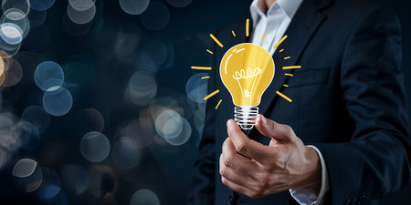 Businessman hand holding light bulb on bokeh background. Business idea conceptの素材