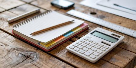 Notebook, calculator and pencil on the wooden table with copy spaceの素材