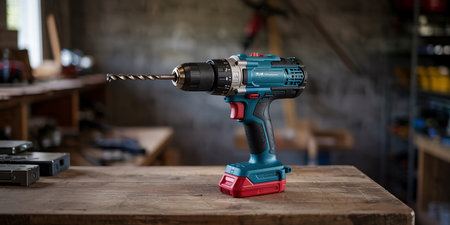 Blue electric drill on a wooden table in a carpenter's workshopの素材