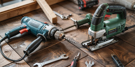 Carpenter tools on a wooden background. Electric jig saw, drill, screwdriver.の素材