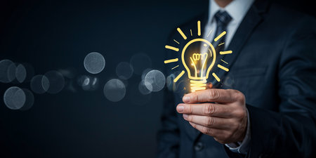 Businessman holding a glowing light bulb in his hand. Idea conceptの素材