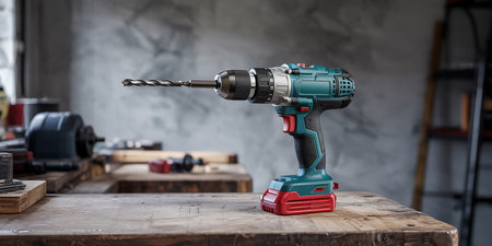Cordless drill on a wooden table in a carpenter's workshopの素材