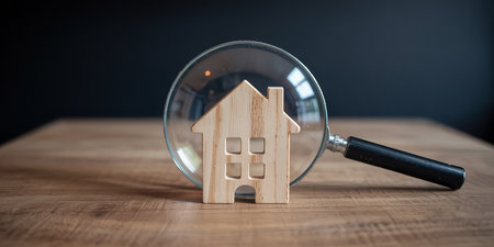 Real estate concept. Wooden house and magnifying glass on wooden table.の素材