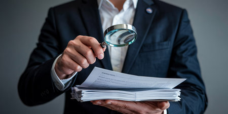 Businessman holding a magnifying glass and a pile of documents.の素材