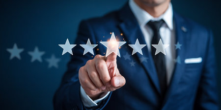 Businessman touching five star rating symbol with his finger on blue backgroundの素材