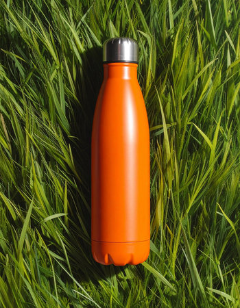 Orange thermo bottle on green grass background. Flat lay, top viewの素材
