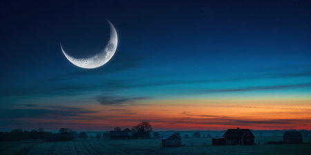 The moon in the night sky over the village at sunrise. Beautiful landscape.の素材