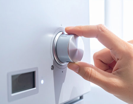 Close up of woman's hand turning on air conditioner knob.の素材