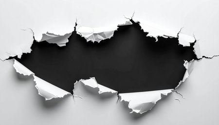 Hole ripped in white paper on black background with space for textの素材