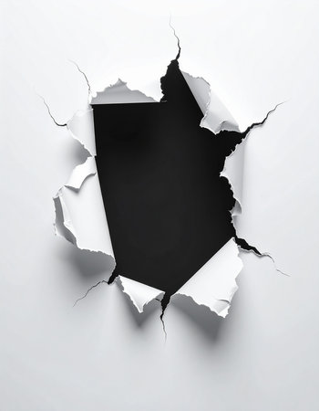 Hole ripped in white paper on black background. Vector illustration.の素材