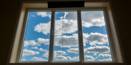 View from the window of a house with blue sky and white cloudsの素材