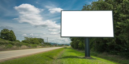 Blank billboard on the road in the countryside. 3d renderingの素材