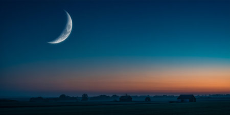 Moon in the night sky over the village. Panoramic image.の素材