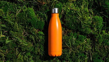 Orange plastic water bottle on green grass background. Top view, flat layの素材