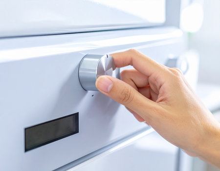 Close up of female hand turning on the air conditioner in the kitchenの素材