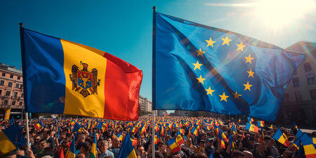 Demonstrators of the European Union waving flags in Madrid during a demonstration in Madrid, Spain.の素材