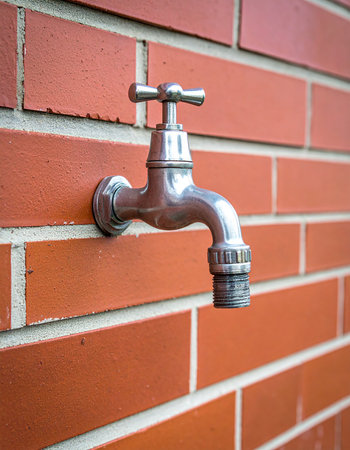 Water faucet on red brick wall background, close up.の素材