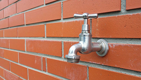 Water faucet on red brick wall, closeup of photoの素材
