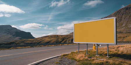 Blank billboard on the road with mountains in the background. 3d rendering.の素材