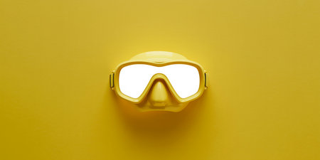 Ski goggles isolated on yellow background. Top view. Flat lay.の素材