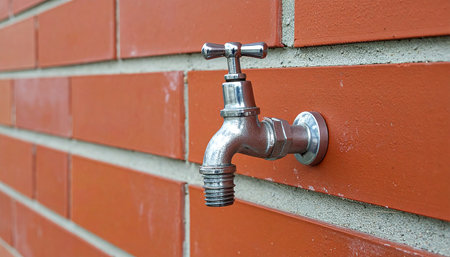 Water faucet on a red brick wall with copy space.の素材