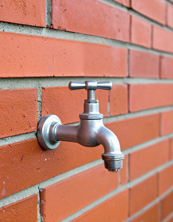 Faucet on a brick wall, close-up of photoの素材