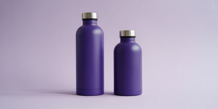Mockup of two purple plastic bottles with blank label isolated on white backgroundの素材