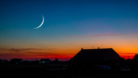 Beautiful sunset over the village with a crescent moon in the skyの素材