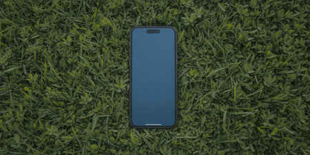 Smartphone on the grass. Top view. 3d rendering.の素材