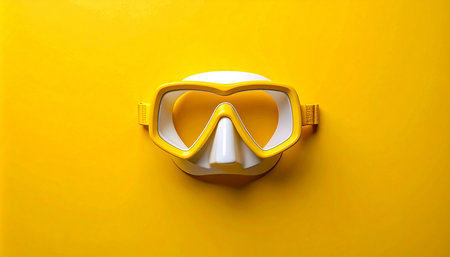 Diving mask and snorkel on a yellow background, top viewの素材