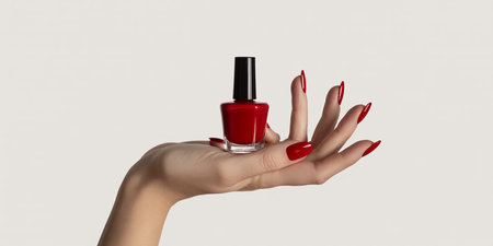 Female hand with red nail design holding a bottle of nail polish on white backgroundの素材