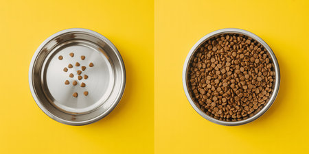 Two bowls with dry pet food on yellow background. Top view.の素材
