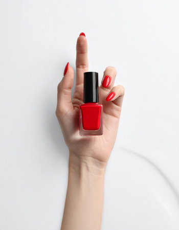 Female hand with red nail design holding nail polish bottle on white backgroundの素材