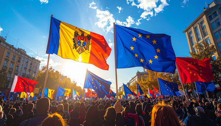 Crowd of people with flags of European Union and Moldova on the main street.の素材