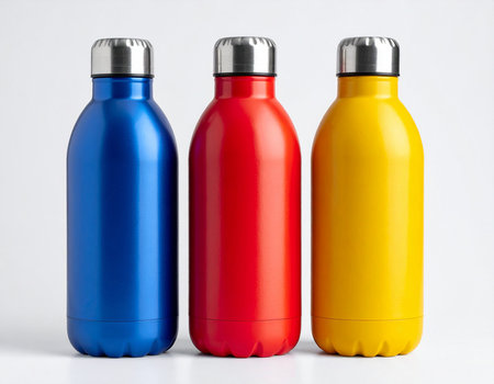 three plastic bottles of yellow, red and blue on a white backgroundの素材