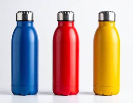 Colorful plastic thermos on a white background, close-upの素材